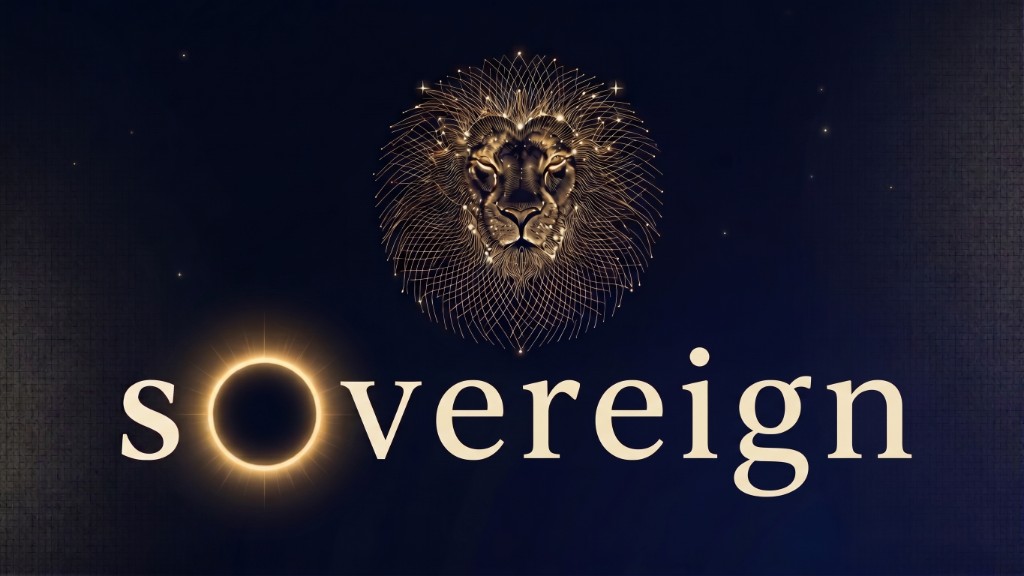Sovereign logo: a golden mesh lion constellation above the wordmark, with a solar eclipse as the letter O